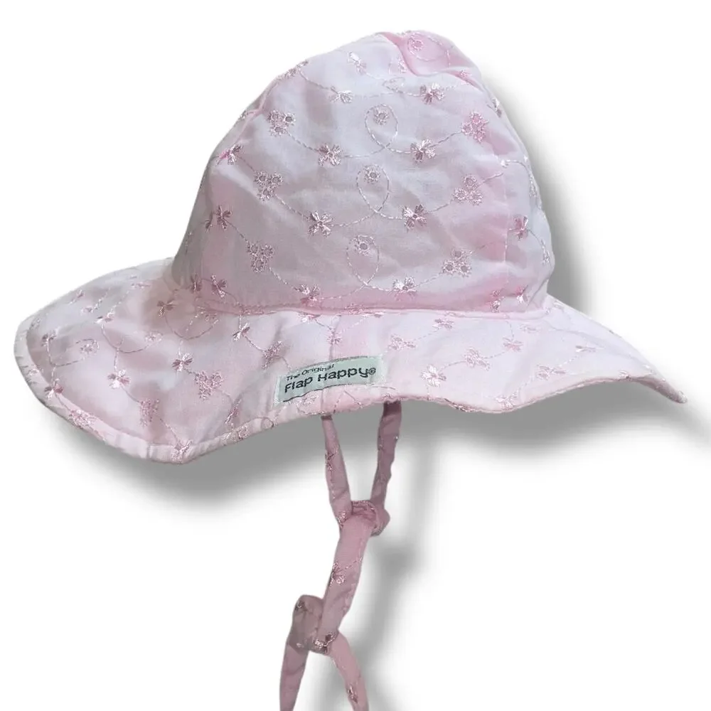 The Original Flap Happy Hat Baby Sun Cap 6-12 Months Pink Eyelet UPF 50 Ties Hat